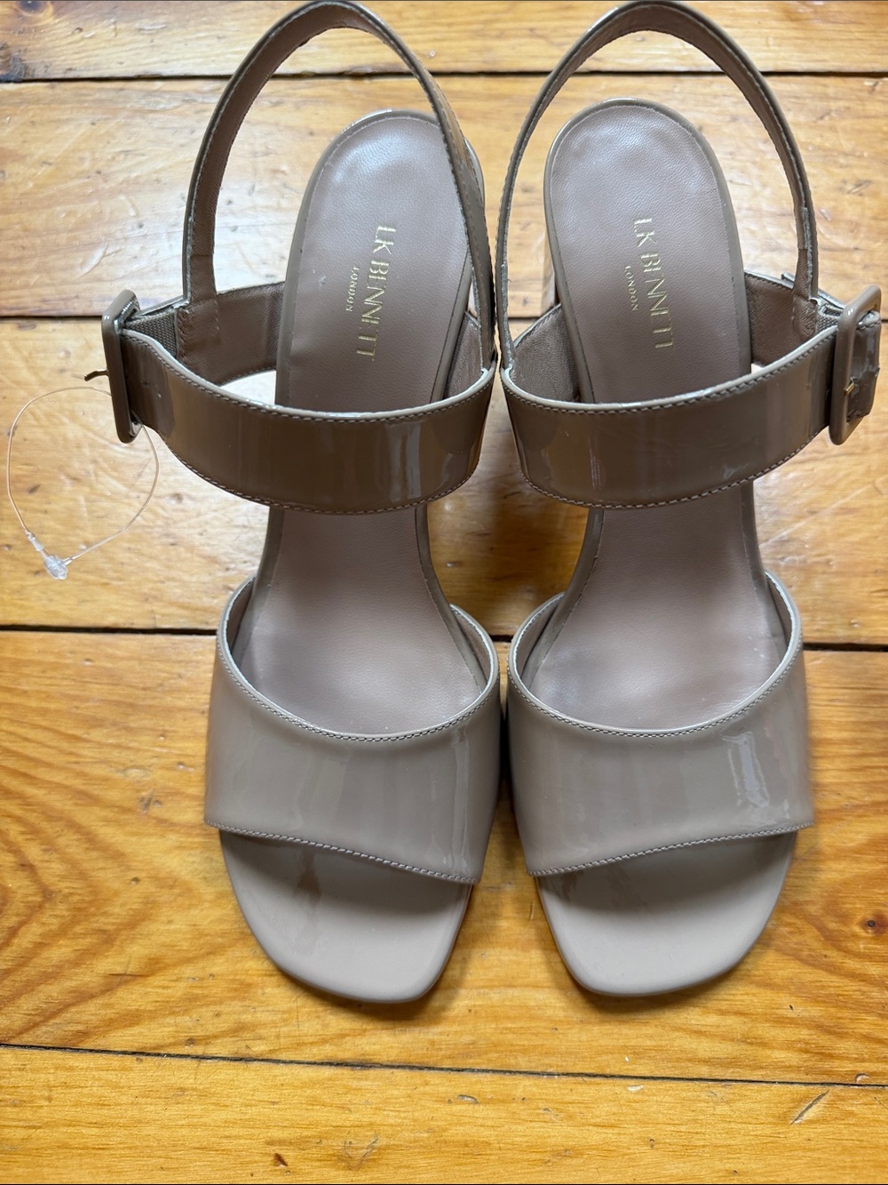LK Bennett Taupe Patent Leather Block-Heel Sandals